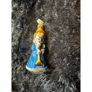 Vintage German Glass Ornament With Blue & Gold Angel Playing Trumpet